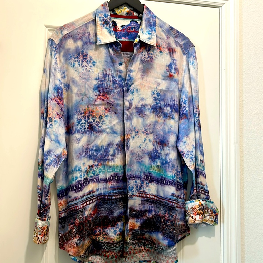 Robert Graham Classic Fit Button Up Shirt Men's Large Blue Linen Horse Cuff
